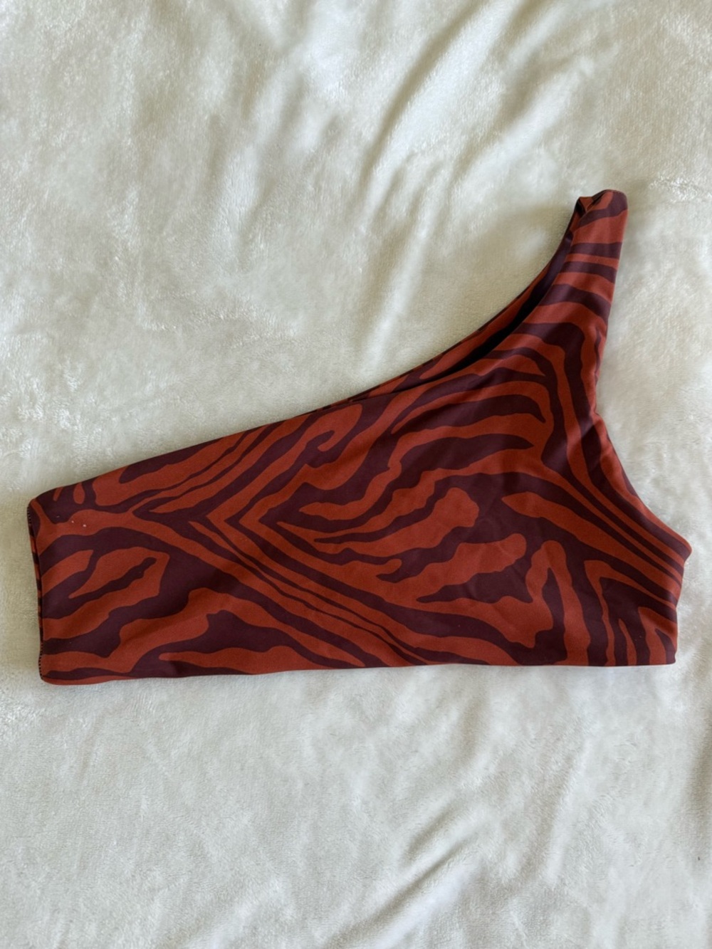 Skatie One-Shoulder Bikini Top in Brown and Dark Red Zebra Print